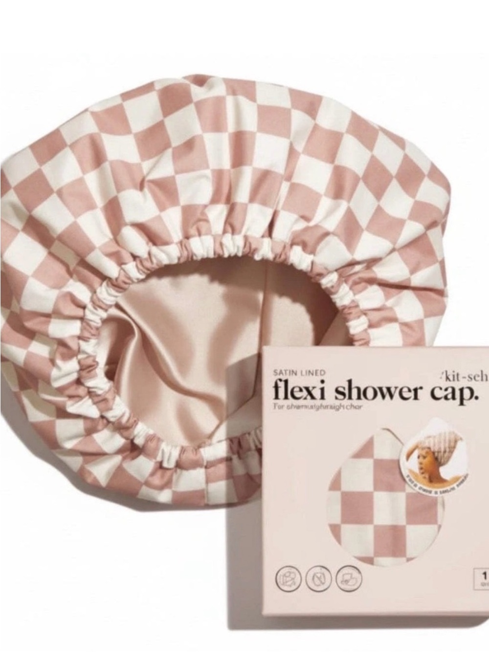 Kitsch Satin Lined Flexi Shower Cap - Terracotta Checker New